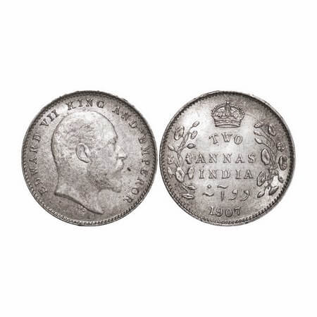 Edward VII, Silver, 2 Annas, 1907, Calcutta Mint, No mint mark. GK 984. Uncirculated, Tone