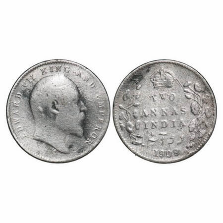 Edward VII, Silver, 2 Annas, 1909, Calcutta Mint, No mint mark. GK 986. Fine. Scarce.