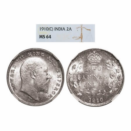 Edward VII, Silver, 2 Annas, 1910, Calcutta Mint, No mint mark, Lowest minted coin in 2 An