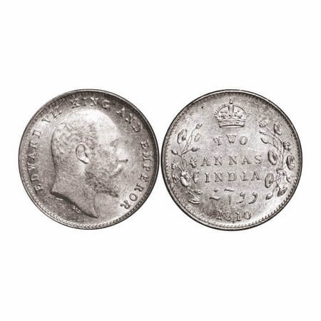 Edward VII, Silver, 2 Annas, 1910, Bombay Mint, Dot. GK 988. Almost Uncirculated. Scarce.