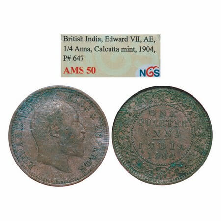 Edward VII, Copper, Quarter Anna, 1904, Calcutta Mint, No mint mark. GK 995. NGS Slabbed A