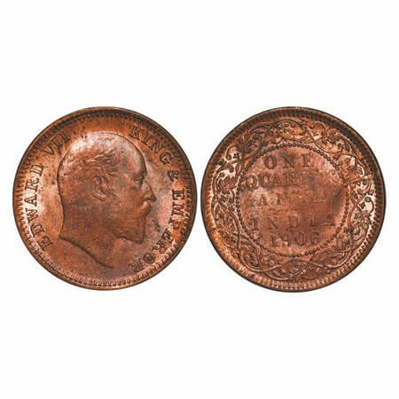 Edward VII, Copper, Quarter Anna, 1906, (6.45gm), Calcutta Mint, No mint mark, Ghost on Re