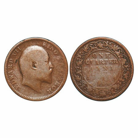 Edward VII, Bronze, Quarter Anna, 1906, (4082gm), Calcutta Mint, No mint mark. GK 998. Ver
