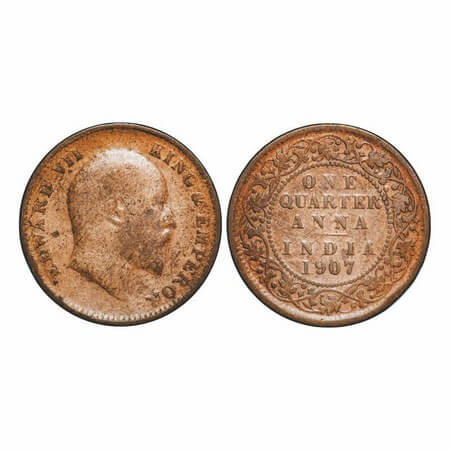 Edward VII, Bronze, Quarter Anna, 1907, Calcutta Mint, No mint mark, Ghost on Rev. GK 999.