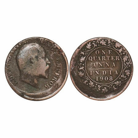 Edward VII, Bronze, Quarter Anna, 1908, Error, die shift 15% mis aligned die. GK 1000. Fin