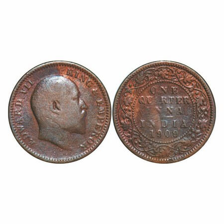 Edward VII, Bronze, Quarter Anna, 1909, Calcutta Mint, No mint mark. GK 1001. Very Fine. S