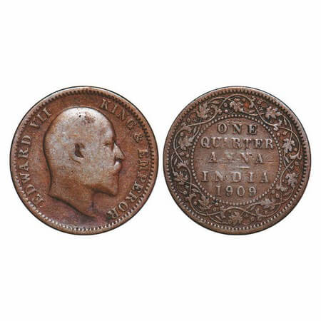 Edward VII, Bronze, Quarter Anna, 1909, Calcutta Mint, No mint mark. GK 1001. Very Fine. S