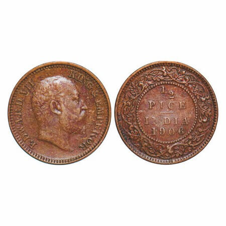 Edward VII, Bronze, 1/2 Pice, 1906, (2.90gm), Calcutta Mint, No mint mark, Thin planchet. 