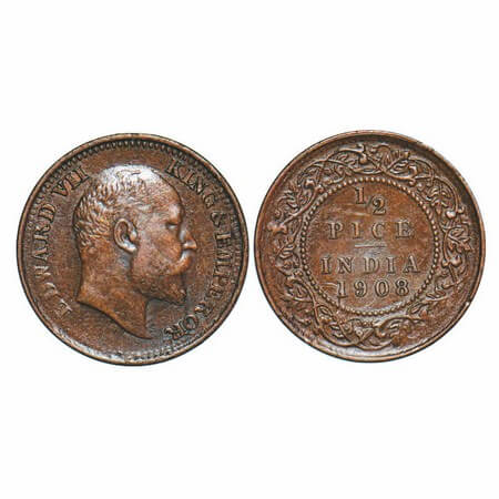 Edward VII, Bronze, 1/2 Pice, 1908, Calcutta Mint, No mint mark. GK 1009. About Uncirculat
