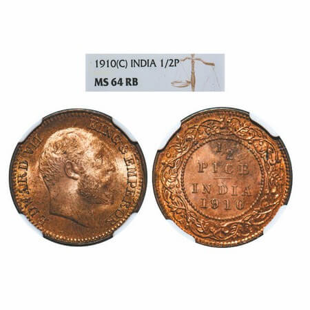 Edward VII, Bronze, 1/2 Pice, 1910, Calcutta Mint, No mint mark. GK 1011. NGC Slabbed MS 6