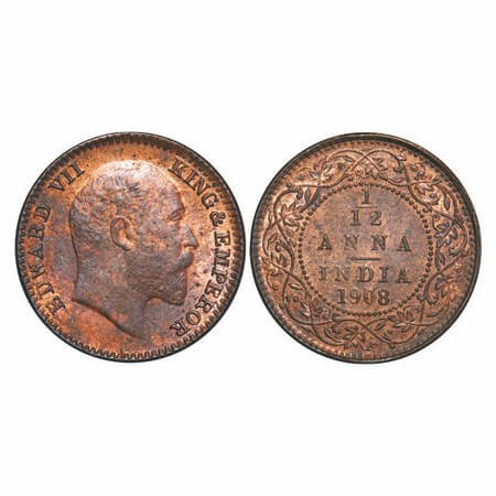 Edward VII, Bronze, 1/12 Anna, 1908, Calcutta Mint, No mint mark. GK 1018. Brilliant Uncir