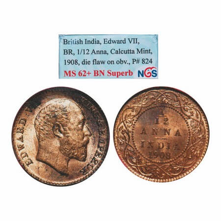 Edward VII, Bronze, 1/12 Anna, 1908, Calcutta mint, No mint mark, Die flaw on Obv mentione