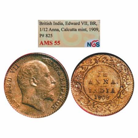 Edward VII, Bronze, 1/12 Anna, 1909, Calcutta Mint, No mint mark. GK 1019. NGS Slabbed AMS