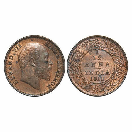 Edward VII, Bronze, 1/12 Anna, 1910, Calcutta Mint, No mint mark. GK 1020. Brilliant Uncir
