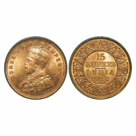 George V, Gold, 15 Rupees, 1918. Bombay Mint. Prid # 25. Uncirculated. Rare.
