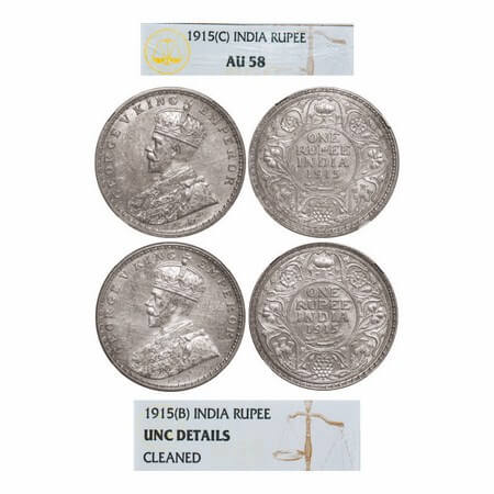 George V, Silver, Rupee, (2 slabs), 1915, 1) Calcutta Mint, No dot, 2) Bombay Mint, Dot. G
