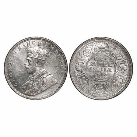 George V, Silver, Rupee, 1916, Bombay Mint, Dot, Raised initial 'B' & 'M' on the truncatio