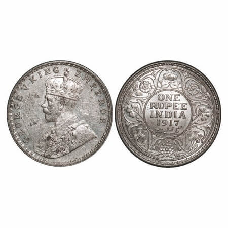 George V, Silver, Rupee, 1917, Calcutta Mint, No dot. GK 1035. Uncirculated. Scarce.
