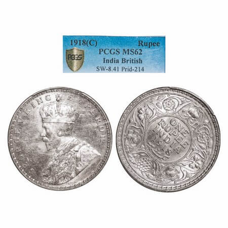 George V, Silver, Rupee, 1918, Calcutta Mint, No dot, 1 o'clock die rotation on Rev, Raise
