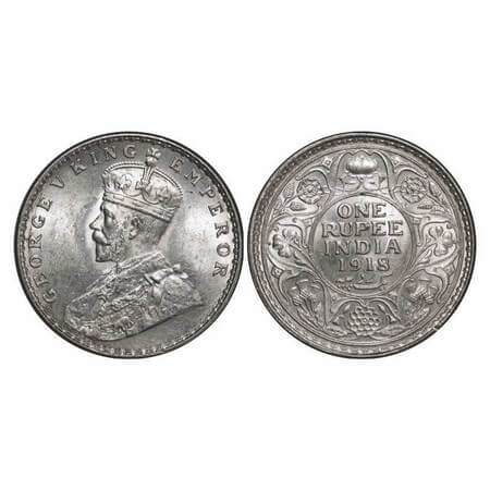 George V, Silver, Rupee, 1918, Calcutta Mint, No dot, Ghost on Rev. GK 1037. Uncirculated.