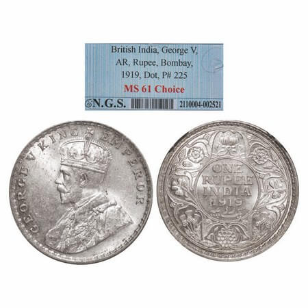 George V, Silver, Rupee, 1919, Bombay Mint, Dot,. GK 1040. NGS Slabbed MS 61. Scarce.