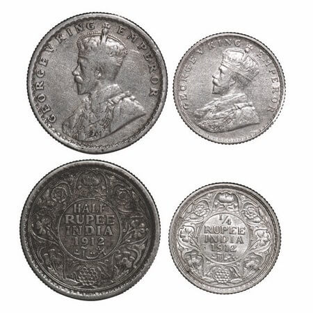 George V, Silver, Half Rupee & 1/4 Rupee, 1912, 1) Calcutta Mint, No dot, Re-drwan elephan