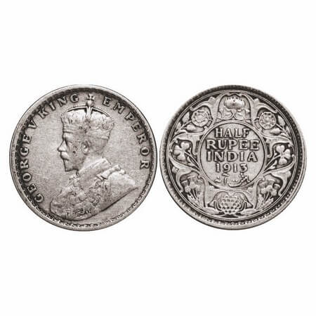 George V, Silver, Half Rupee, 1913, Calcutta Mint, No dot. GK 1048. Very Fine+. Scarce.