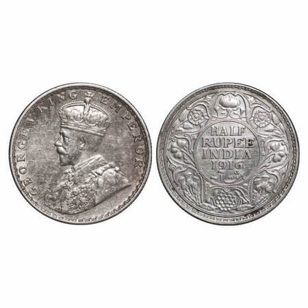 George V, Silver, Half Rupee, 1916, Bombay Mint, Dot, Planchet flaw on obv. GK 1054. Extre