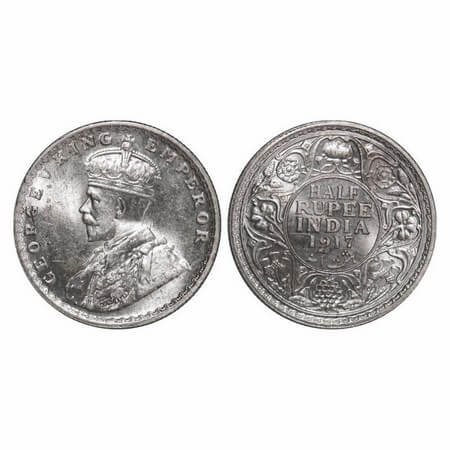 George V, Silver, Half Rupee, 1917, Bombay Mint, Dot. GK 1055. Uncirculated. Scarce.