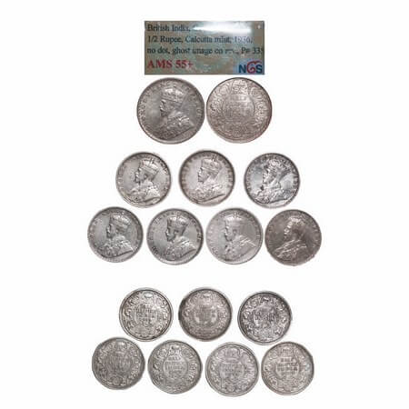 George V, Silver, Half Rupee, (lot of 7 coins & 1 slab), 1917, 1918, 1919, 1923, 1924, Bom