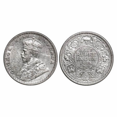 George V, Silver, Half Rupee, 1918, Bombay Mint, Dot. GK 1056. Almost Uncirculated with or