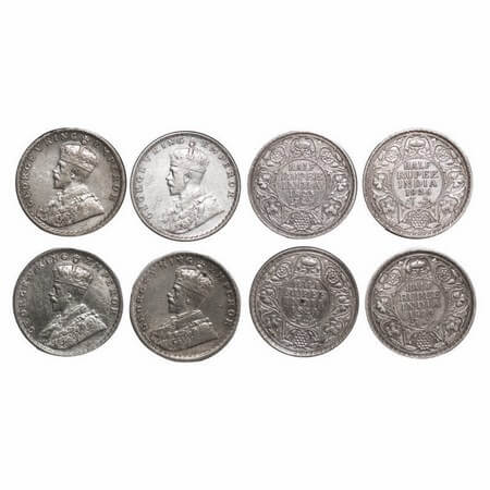 George V, Silver, Half Rupee, (4 coins), 1923, 1924, 1926, Bombay Mint, Dot, 1929, Calcutt