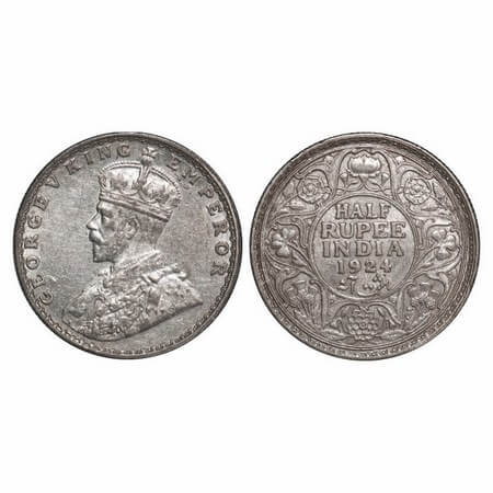 George V, Silver, Half Rupee, 1924, Bombay Mint, Dot. GK 1064. About Uncirculated. Very Sc