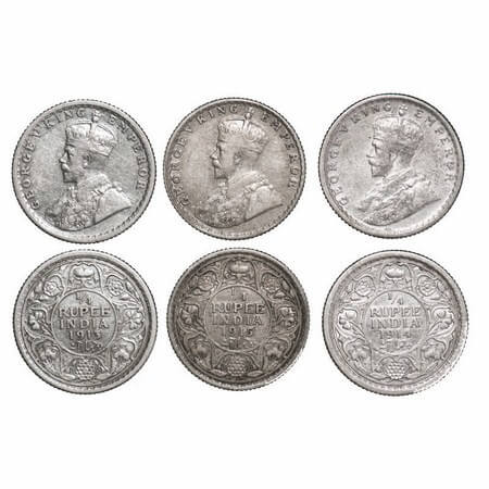 George V, Silver, 1/4 Rupee, (3 coins), 1913, 1914, Calcutta Mint, No dot, 1915, Bombay Mi