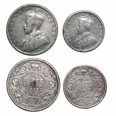 George V, Silver, 1/4 Rupee & 2 Annas, (2 coins), 1915, Bombay Mint, Dot, 1913, Calcutta M