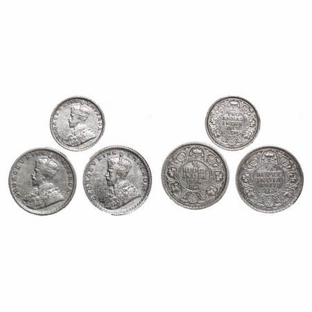 George V, Silver, 1/4 Rupee (2) & 2 Annas, (3 coins), 1916, 1917, Calcutta Mint, No dot, 1