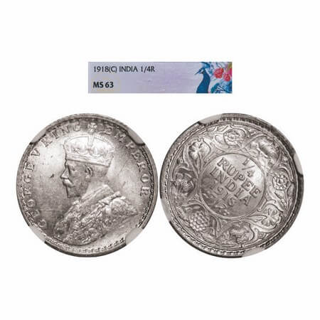 George V, Silver, 1/4 Rupee, 1918, Calcutta Mint, No dot, 1 o'clock die rotation, Ghost on