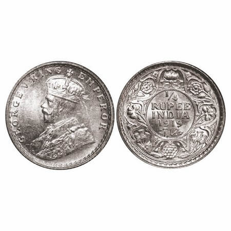 George V, Silver, 1/4 Rupee, 1919, Calcutta Mint, No dot, Ghost on Obv. GK 1092. Brilliant
