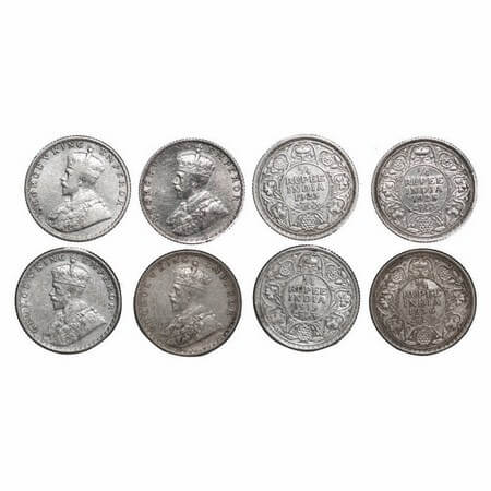 George V, Silver, 1/4 Rupee, (lot of 4 coins), 1) 1919, Calcutta mint, No dot, 2) 1925, Bo