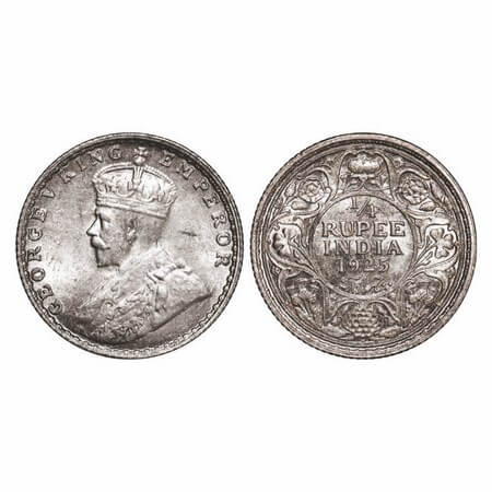 George V, Silver, 1/4 Rupee, 1925, Bombay Mint, Dot. GK 1093. Brilliant Uncirculated, Rain