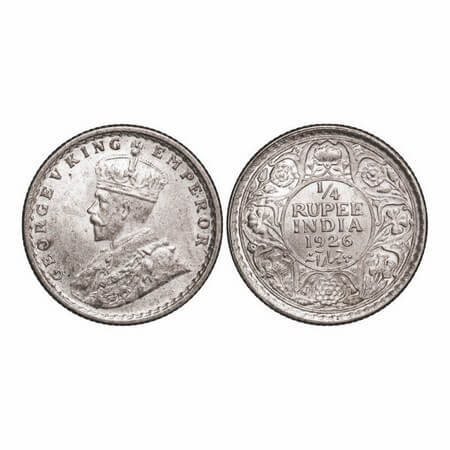 George V, Silver, 1/4 Rupee, 1926, Calcutta Mint, No dot, Ghost on Rev. GK 1094. Uncircula