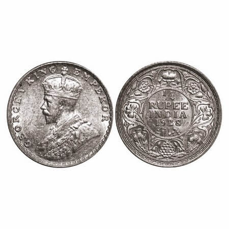 George V, Silver, 1/4 Rupee, 1928, Bombay Mint, Dot. GK 1095. Brilliant Uncirculated. Very