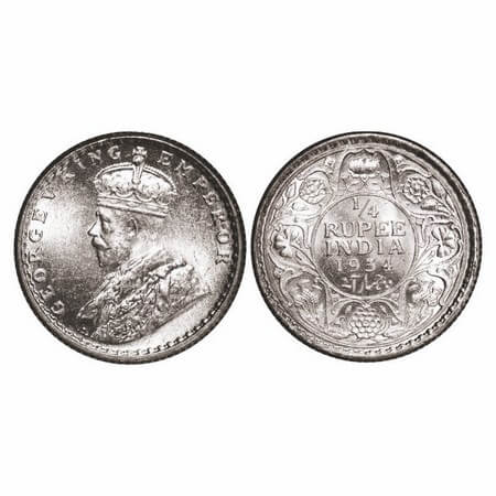 George V, Silver, 1/4 Rupee, 1934, Calcutta Mint, No dot. GK 1098. Brilliant Uncirculated.