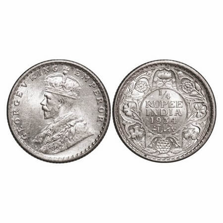 George V, Silver, 1/4 Rupee, 1934, Calcutta Mint, No dot. GK 1098. Uncirculated with origi