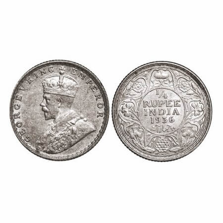 George V, Silver, 1/4 Rupee, 1936, Bombay Mint, Dot. GK 1100. Almost Uncirculated. Scarce.