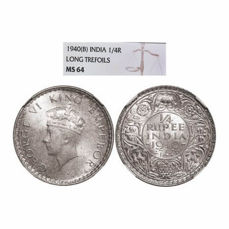 George VI, Half Silver, 1/4 Rupee, 1940, Bombay Mint, Head Type I, Rev I, Dot, Milled edge