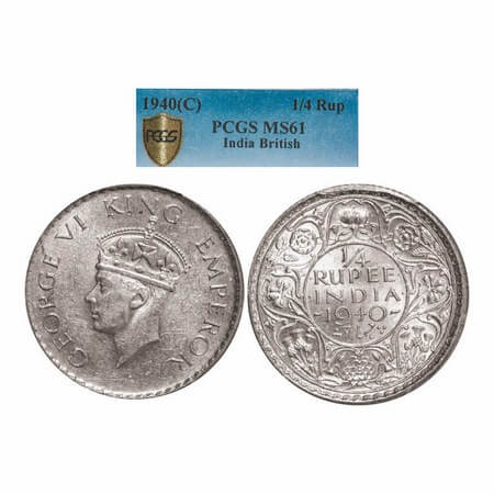 George VI, Half Silver, 1/4 Rupee, 1940, Calcutta Mint, Head Type II, Rev I, No dot, Mille