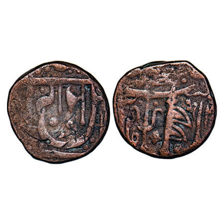 Gwalior, Copper Paisa, 12.38g, Ujjain MInt, INO Shah Alam II, Obv: Battle axe, Rev. Double