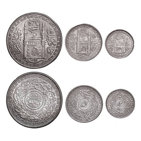 Hyderabad, Silver (3 Coins), Farkhanda Bunyad Hyderabad Mint, Mir Usman Ali Khan, Rupee AH