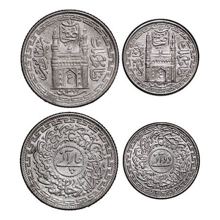 Hyderabad, Nickel (2 Coins), Farkhanda Bunyad Hyderabad Mint, Mir Usman Ali Khan, 2 Annas